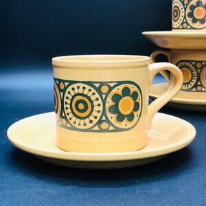 70s KilnCraft Bacchus Mustard Yellow Teal Floral Cup Saucer Set - Lot of 3